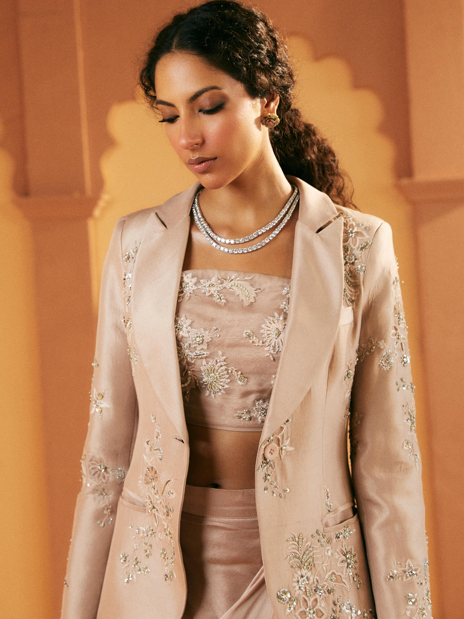 Pakistani Quartz Pink Zardozi Raw Silk Blazer Set (3-Piece) - Image 2