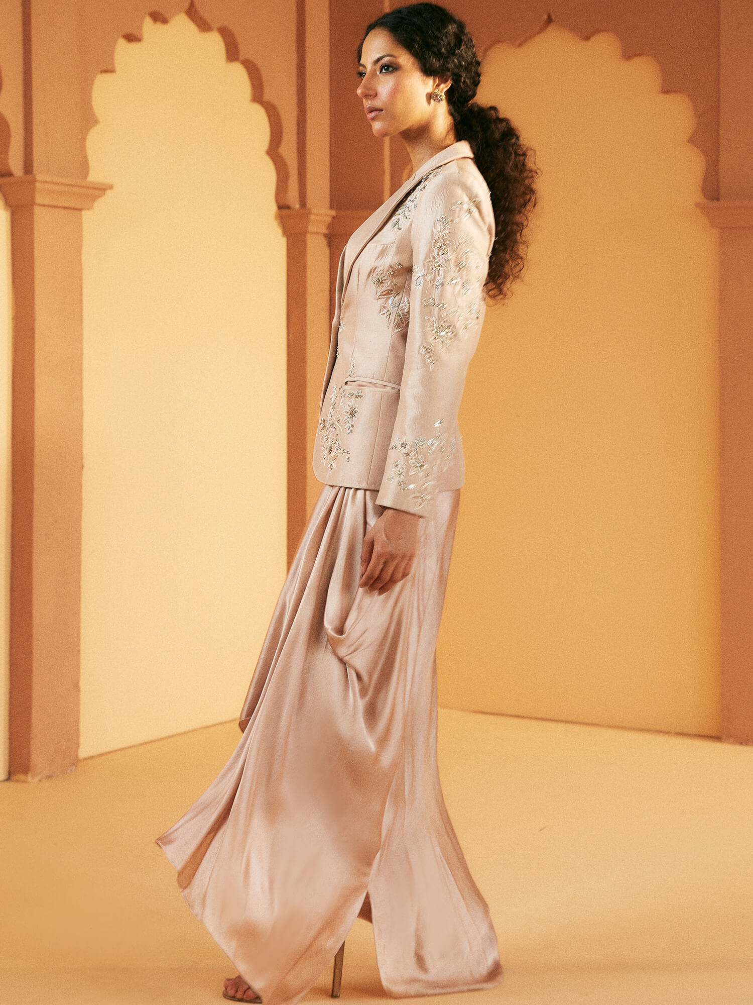 Pakistani Quartz Pink Zardozi Raw Silk Blazer Set (3-Piece) - Image 3