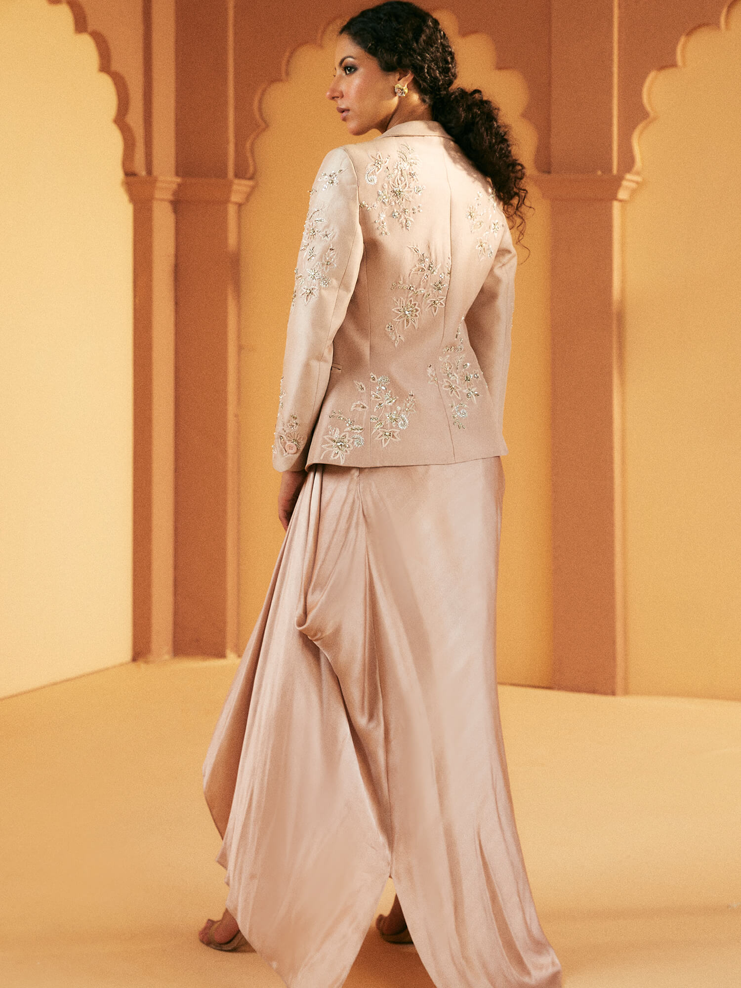 Pakistani Quartz Pink Zardozi Raw Silk Blazer Set (3-Piece) - Image 4