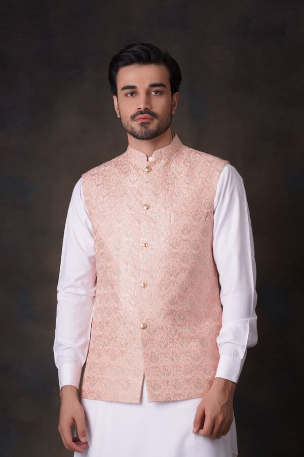 Peach Gold-Tilla Embroidered Waistcoat Kurta Set (3-Piece) - Image 1