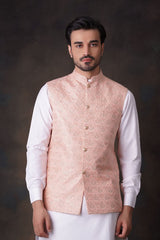 Peach Gold-Tilla Embroidered Waistcoat Kurta Set (3-Piece) - Image 3