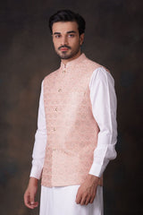 Peach Gold-Tilla Embroidered Waistcoat Kurta Set (3-Piece) - Image 4