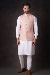Peach Gold-Tilla Embroidered Waistcoat Kurta Set (3-Piece) - Image 5