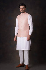 Peach Gold-Tilla Embroidered Waistcoat Kurta Set (3-Piece) - Image 6