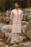 Blush Embroidered Cotton Net Waistcoat Kurta (3-Piece) - Image 2