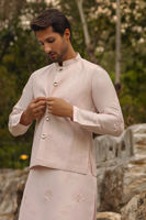 Blush Embroidered Cotton Net Waistcoat Kurta (3-Piece) - Image 4