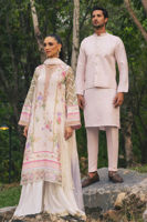 Blush Embroidered Cotton Net Waistcoat Kurta (3-Piece) - Image 6