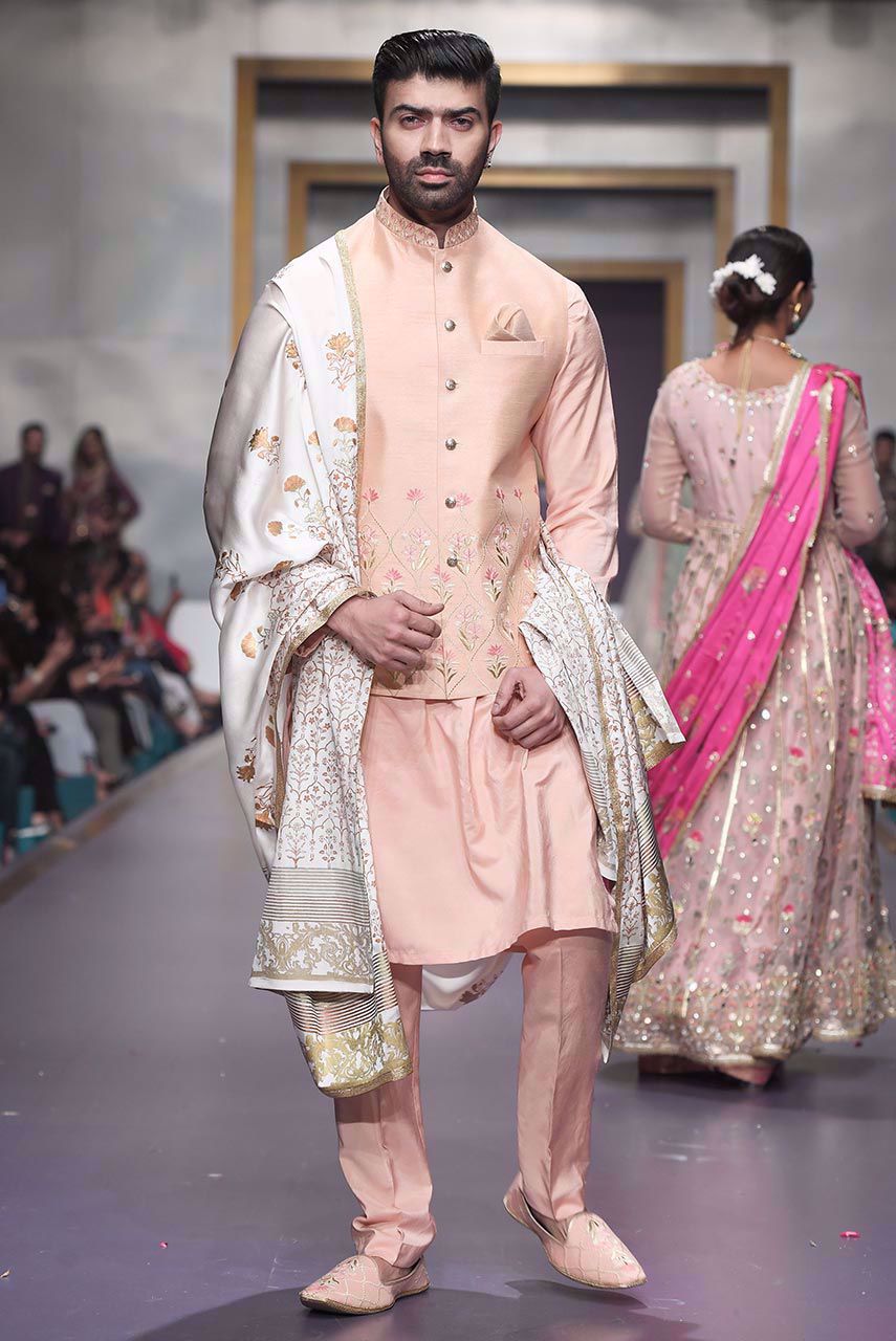 Peach Embroidered Cotton Silk Waistcoat Kurta (3-Piece) - Image 1