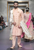 Peach Embroidered Cotton Silk Waistcoat Kurta (3-Piece) - Image 4