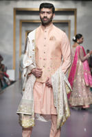 Peach Embroidered Cotton Silk Waistcoat Kurta (3-Piece) - Image 5