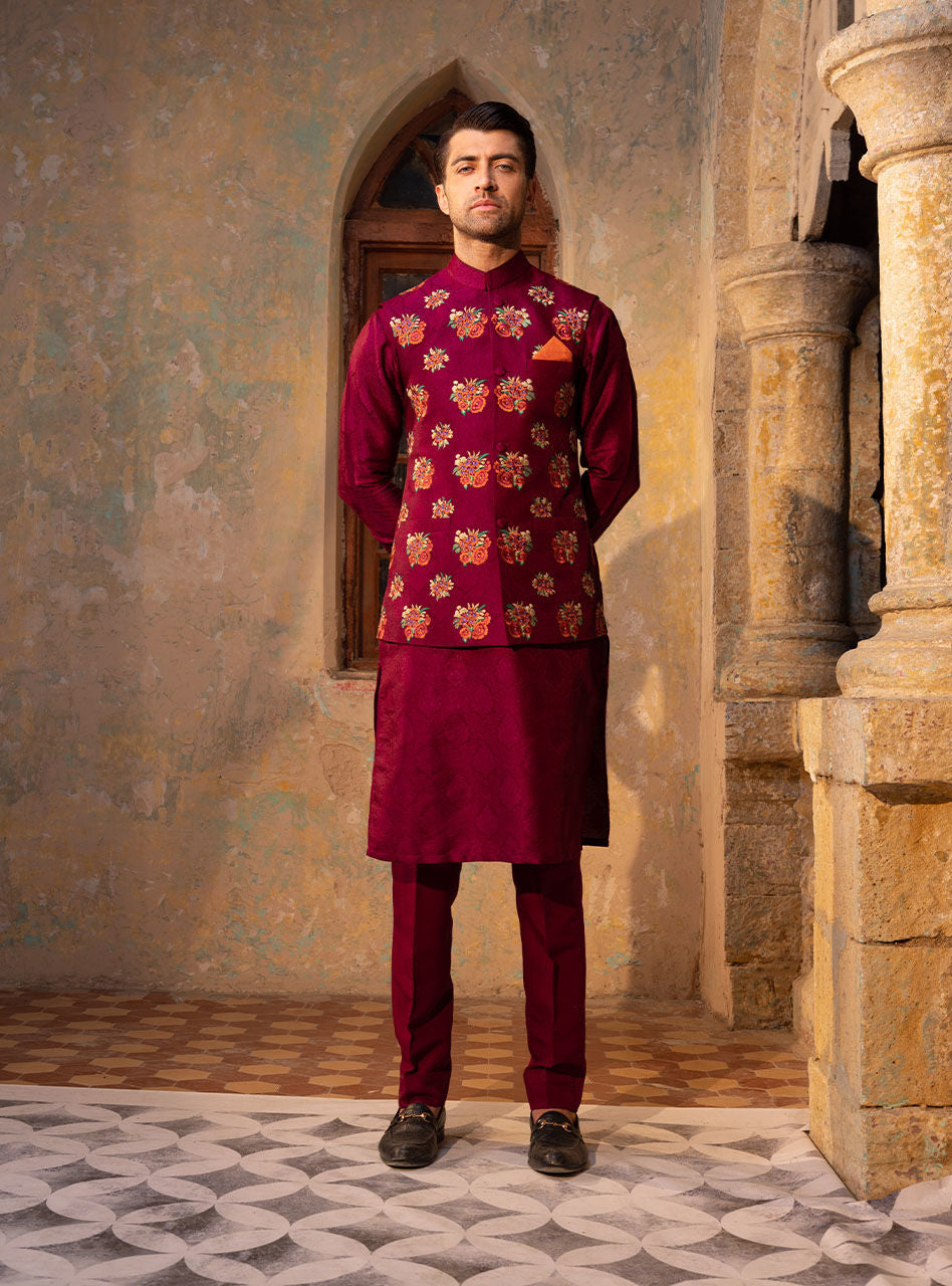 Magenta Embroidered Jacquard Waistcoat Kurta (3-Piece) - Image 1