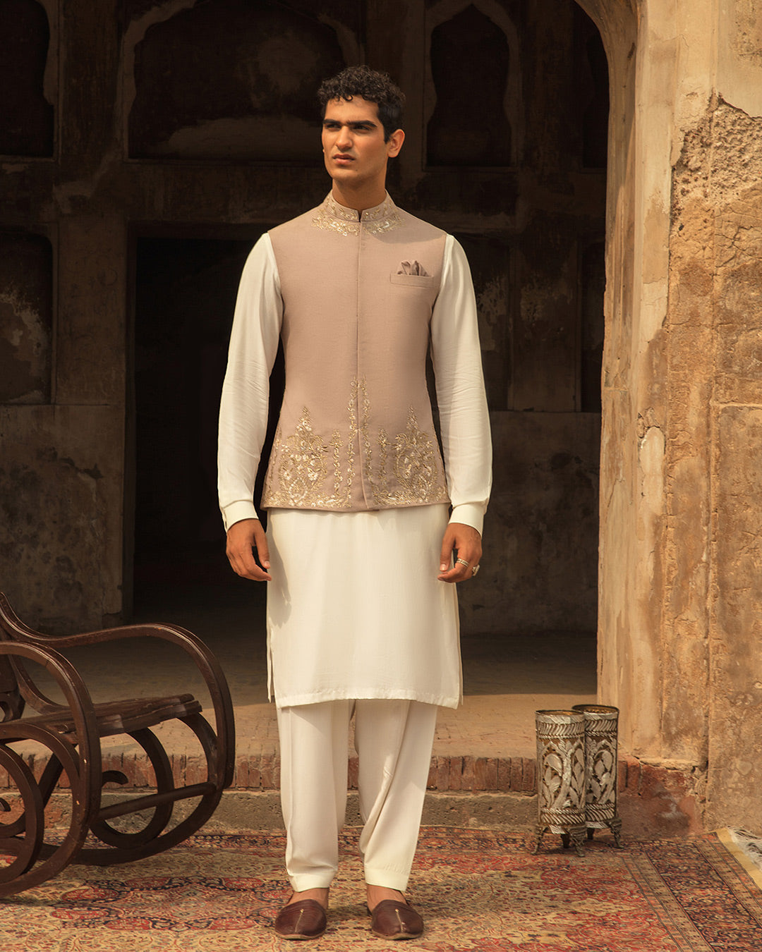 Tea Pink Embroidered Karandi Waistcoat Kurta Set (3-Piece) - Image 1
