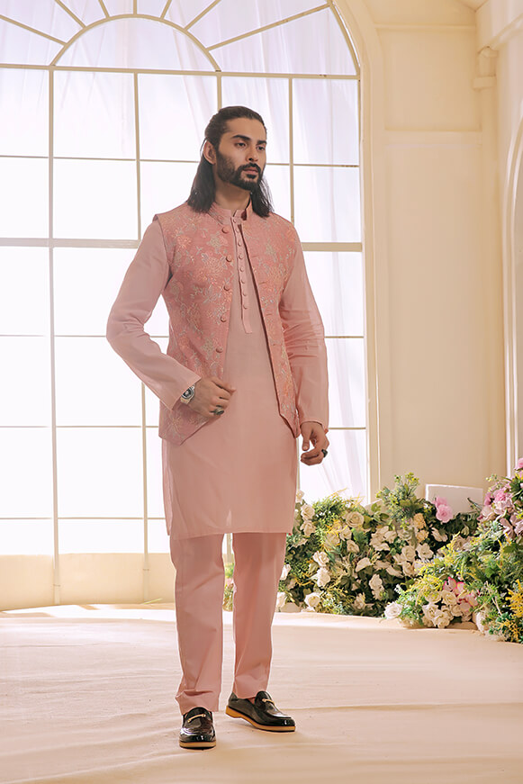 Tea Pink Embroidered Khaddi Cotton Kurta Trouser (3-Piece) - Image 1