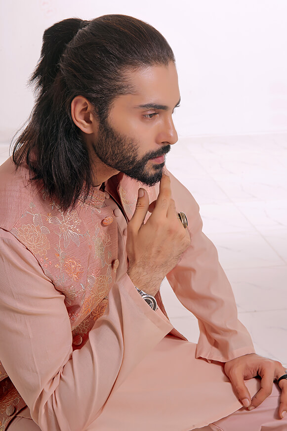 Tea Pink Embroidered Khaddi Cotton Kurta Trouser (3-Piece) - Image 10