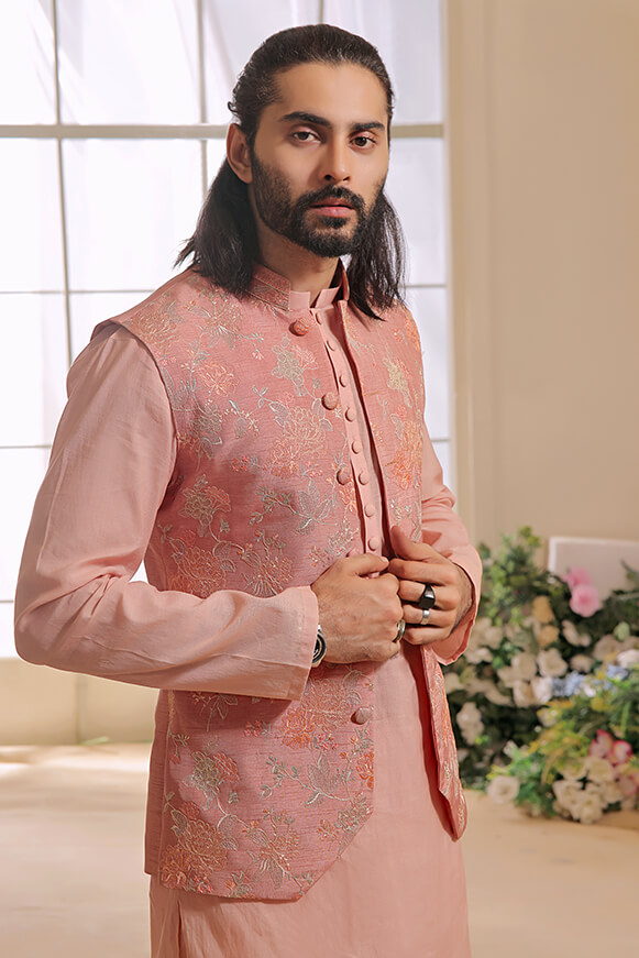 Tea Pink Embroidered Khaddi Cotton Kurta Trouser (3-Piece) - Image 2