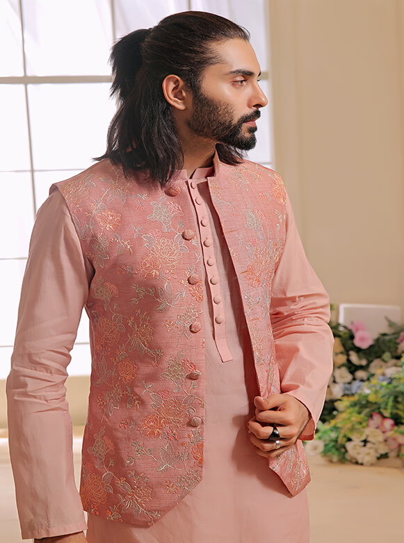 Tea Pink Embroidered Khaddi Cotton Kurta Trouser (3-Piece) - Image 3