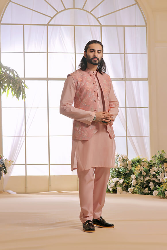 Tea Pink Embroidered Khaddi Cotton Kurta Trouser (3-Piece) - Image 4