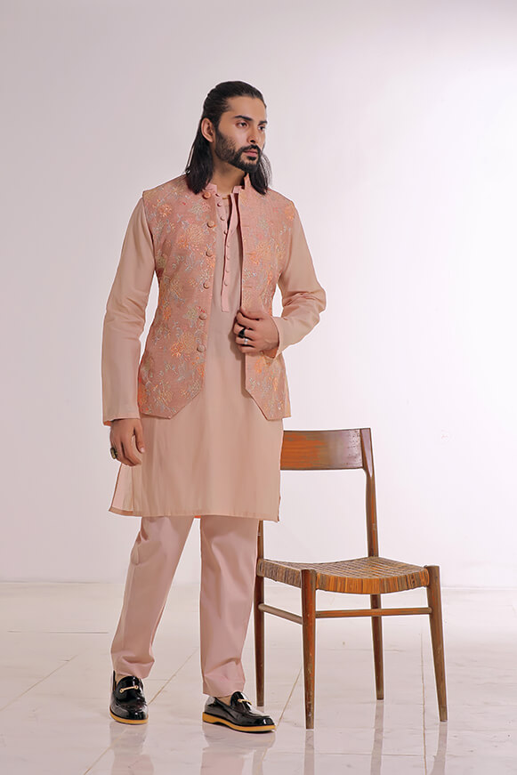 Tea Pink Embroidered Khaddi Cotton Kurta Trouser (3-Piece) - Image 6