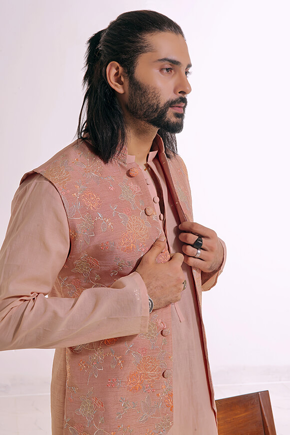 Tea Pink Embroidered Khaddi Cotton Kurta Trouser (3-Piece) - Image 7