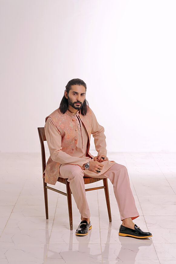 Tea Pink Embroidered Khaddi Cotton Kurta Trouser (3-Piece) - Image 8