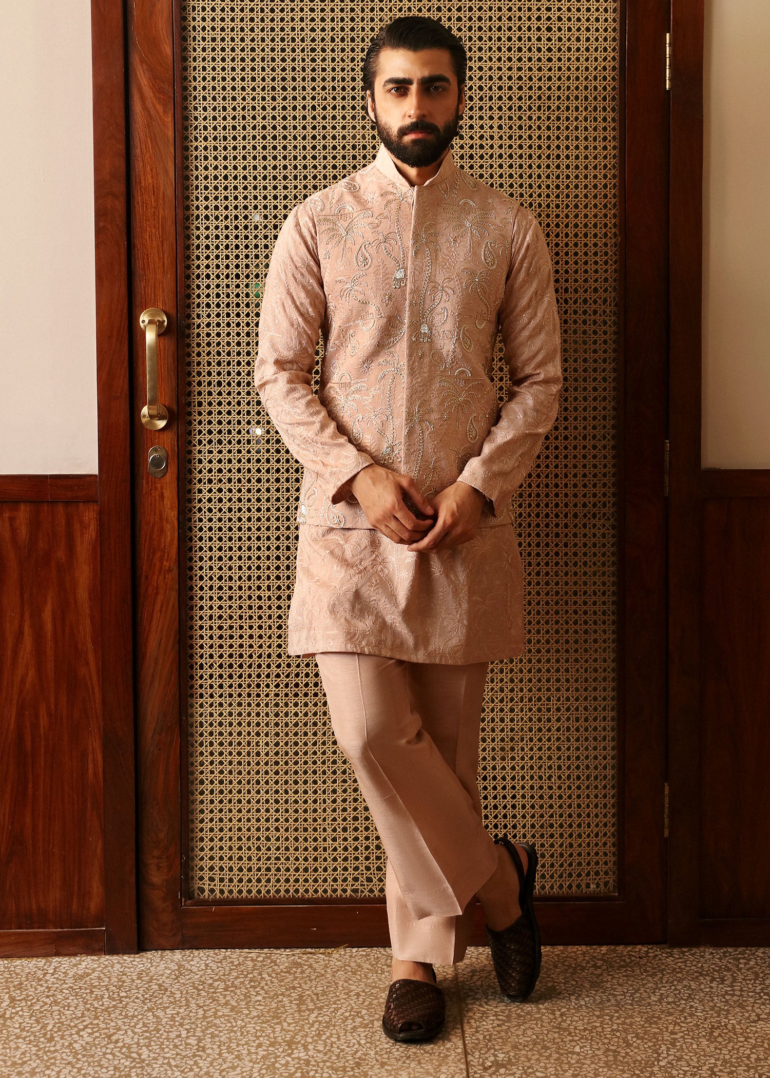 Peach Pink Zardozi Korean Rawsilk Waistcoat Kurta (3-Piece) - Image 1