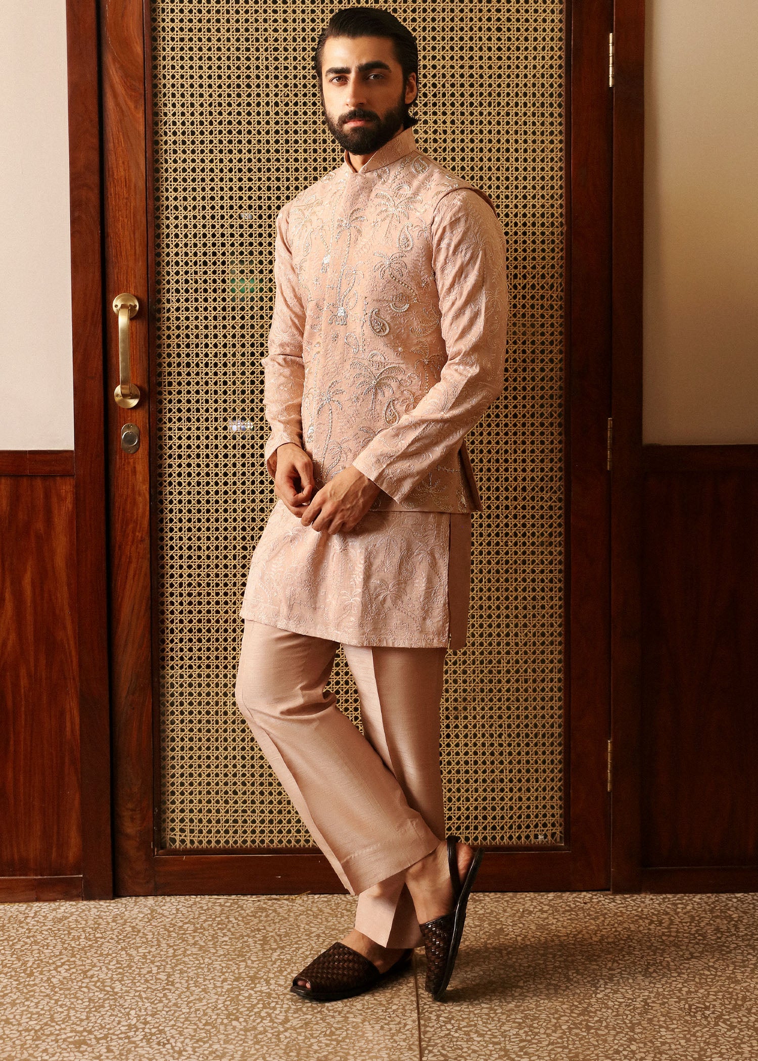 Peach Pink Zardozi Korean Rawsilk Waistcoat Kurta (3-Piece) - Image 2