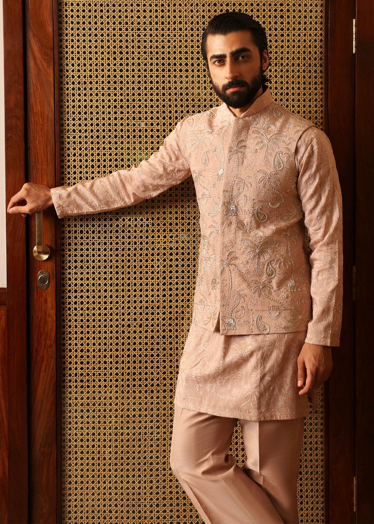 Peach Pink Zardozi Korean Rawsilk Waistcoat Kurta (3-Piece) - Image 3