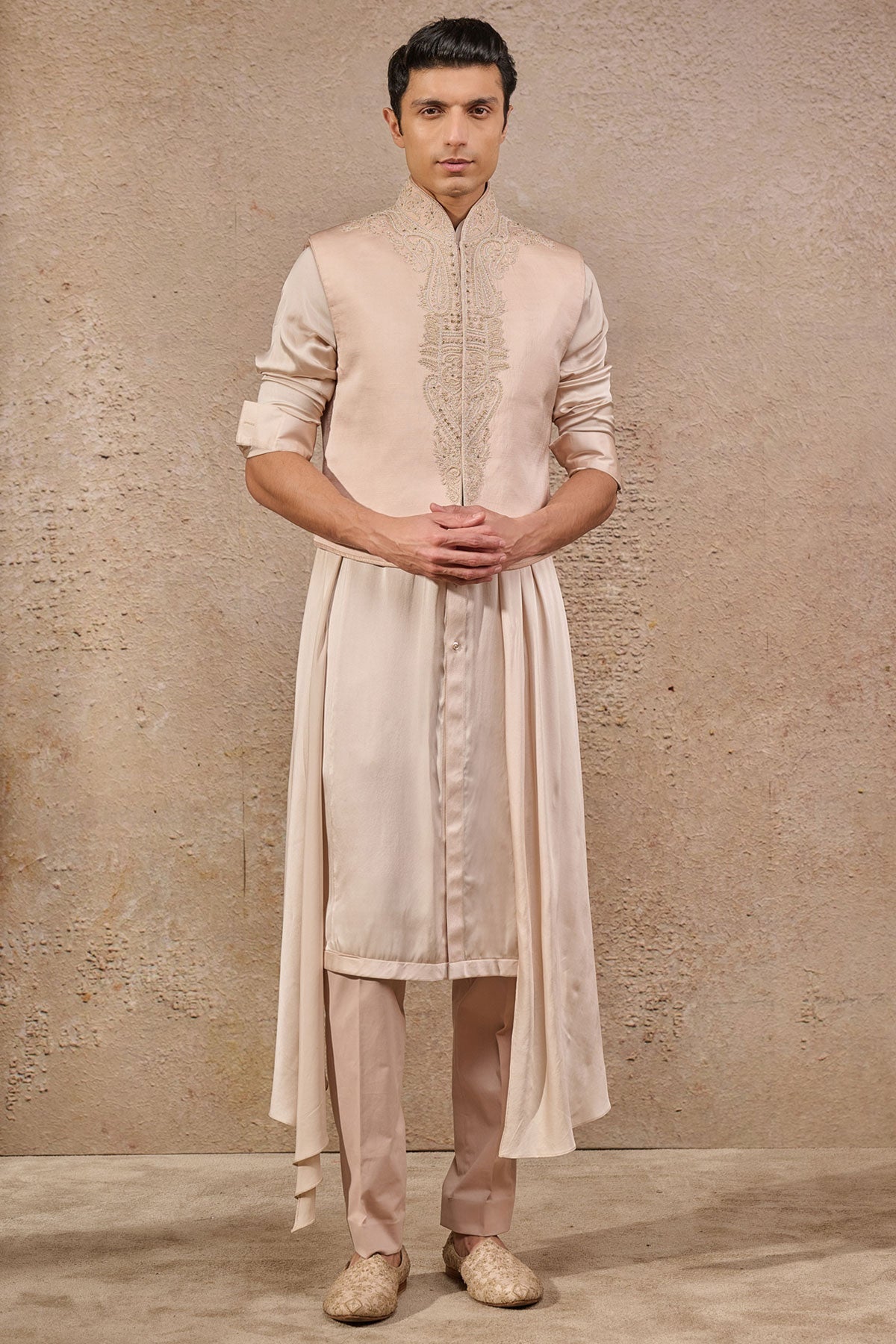 Salmon Dori-Embroidered Linen Satin Waistcoat Kurta (3-Piece) - Image 1