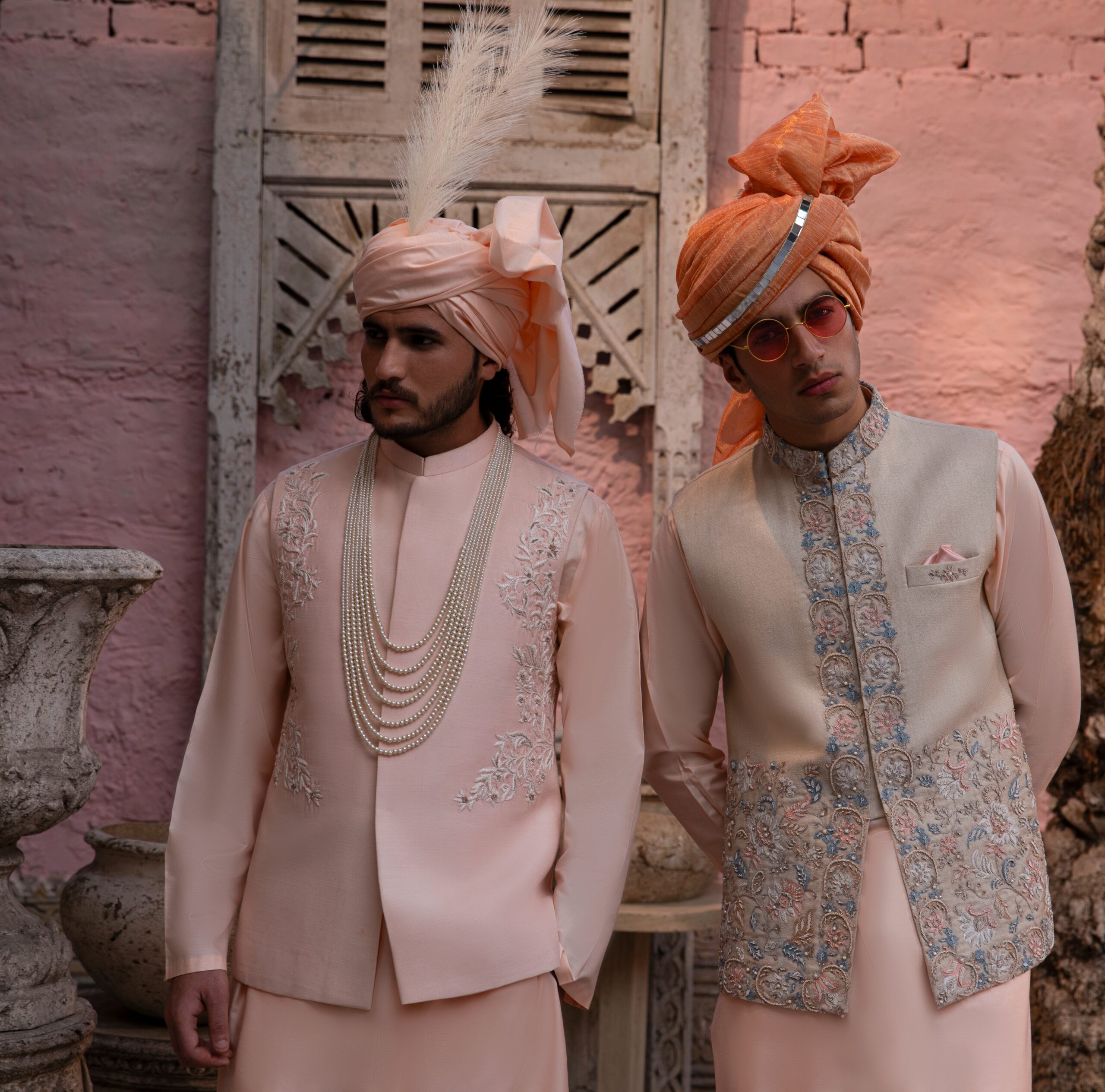 Peach Masoori Embroidered Waistcoat Kurta Set (3-Piece) - Image 3