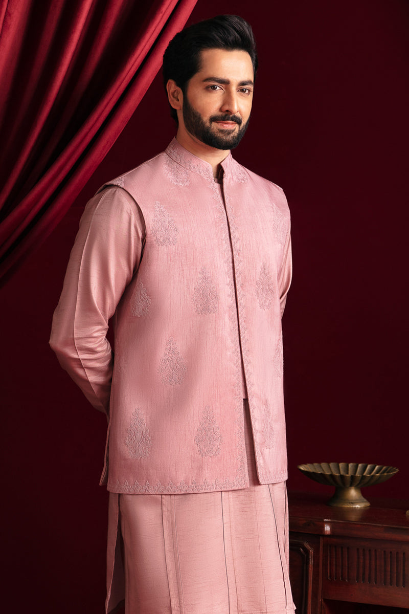 Blush Pink Linear Dori Raw Silk Waistcoat Kurta (3-Piece) - Image 1