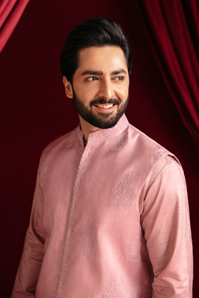 Blush Pink Linear Dori Raw Silk Waistcoat Kurta (3-Piece) - Image 3