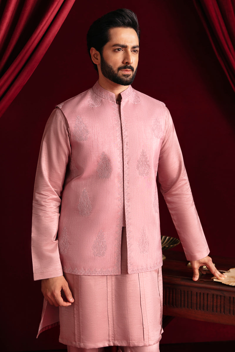 Blush Pink Linear Dori Raw Silk Waistcoat Kurta (3-Piece) - Image 4