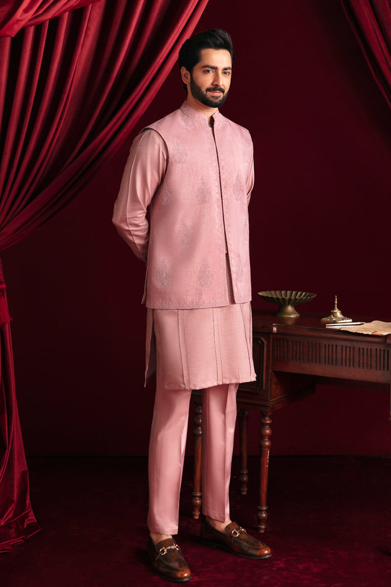 Blush Pink Linear Dori Raw Silk Waistcoat Kurta (3-Piece) - Image 5