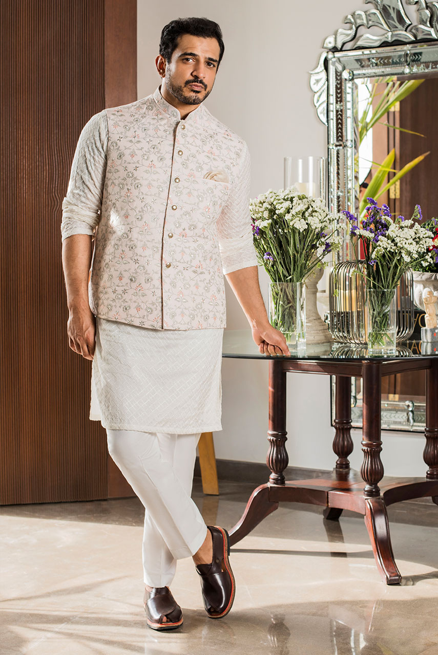 Light Pink Embroidered Raw Silk Waistcoat (3-Piece) - Image 1