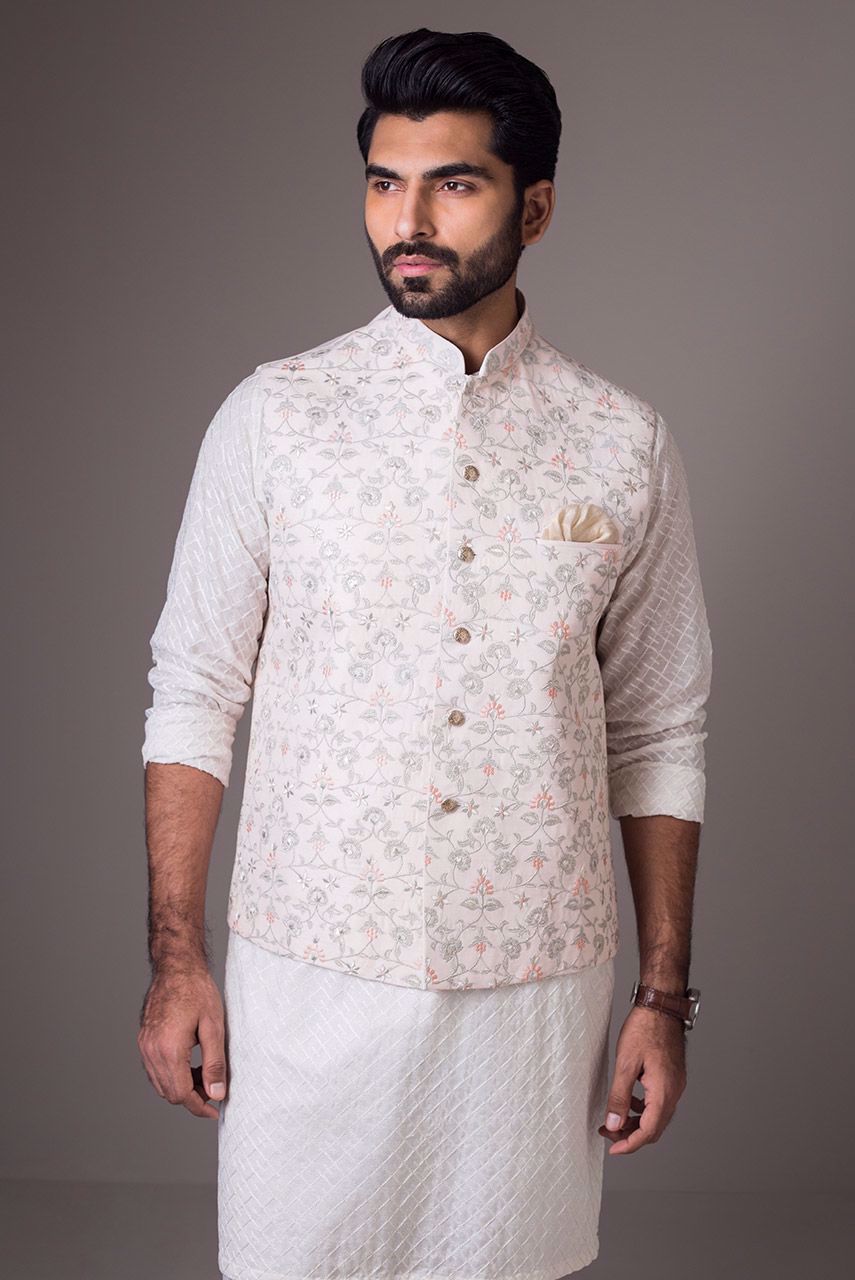 Light Pink Embroidered Raw Silk Waistcoat (3-Piece) - Image 2