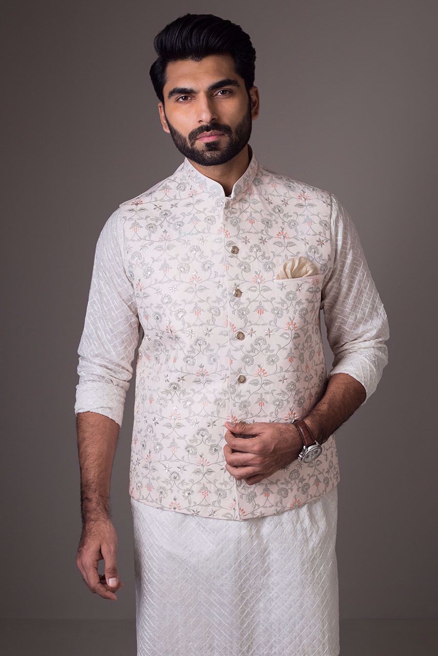 Light Pink Embroidered Raw Silk Waistcoat (3-Piece) - Image 3