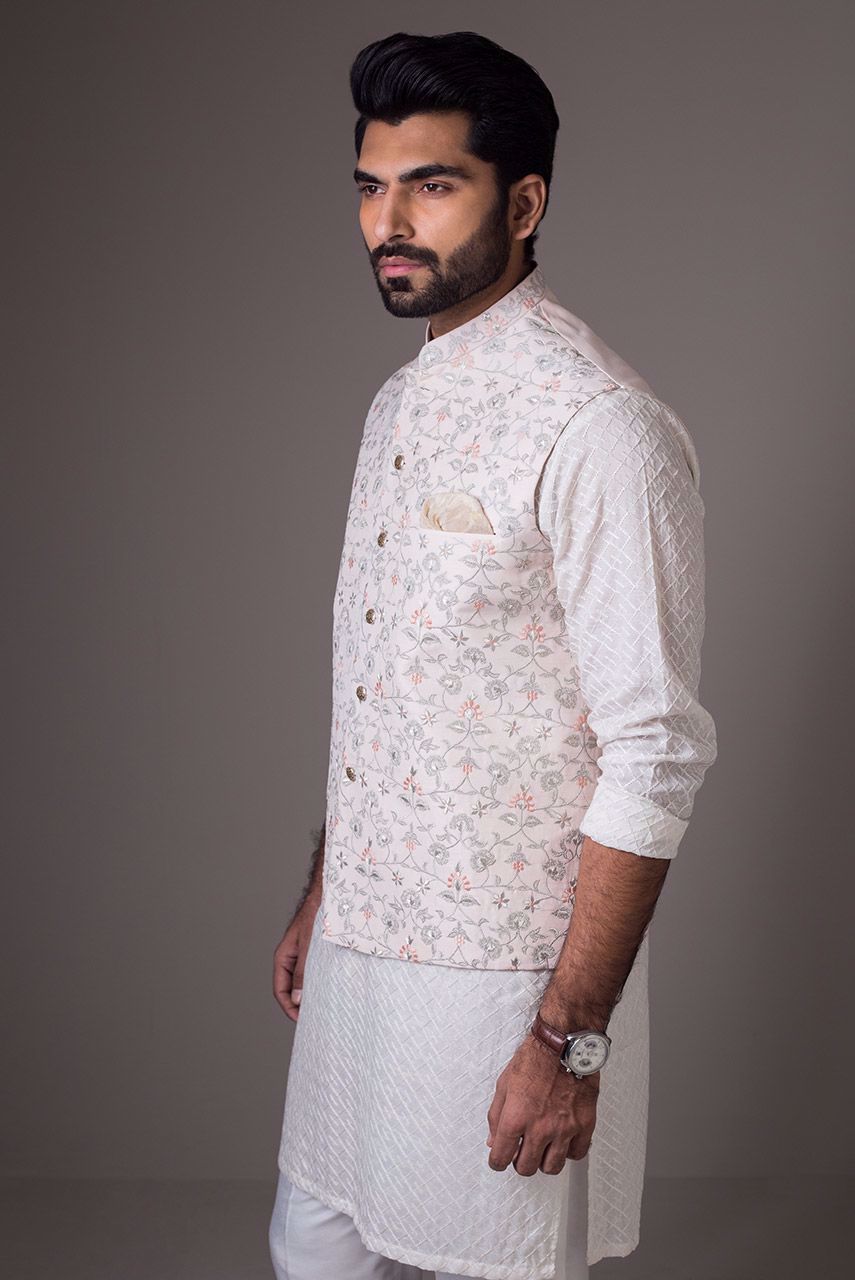 Light Pink Embroidered Raw Silk Waistcoat (3-Piece) - Image 4
