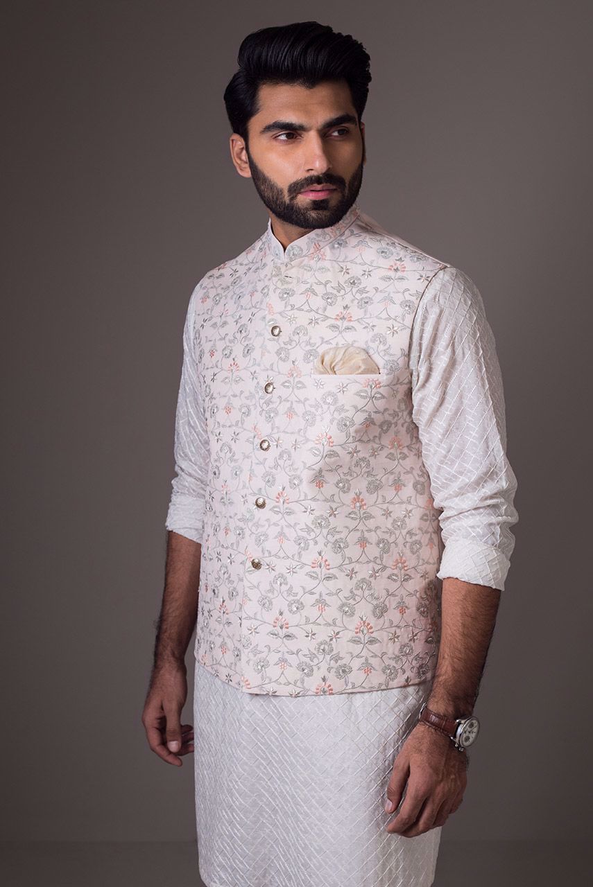 Light Pink Embroidered Raw Silk Waistcoat (3-Piece) - Image 5