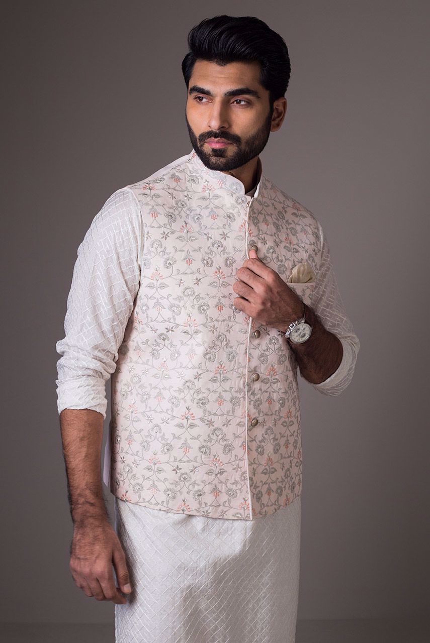 Light Pink Embroidered Raw Silk Waistcoat (3-Piece) - Image 6