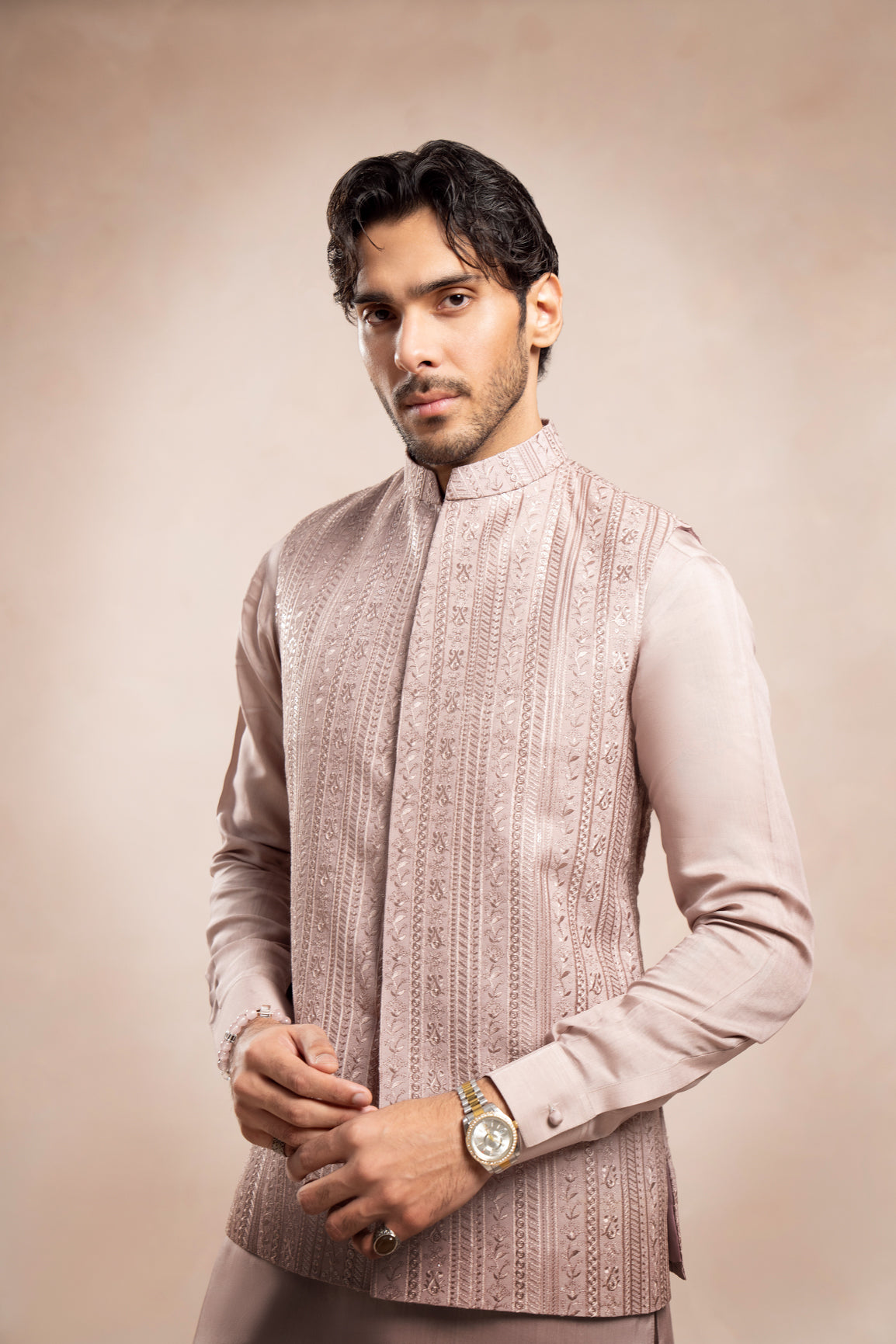 Soft Pink Embroidered Raw Silk Waistcoat (3-Piece) - Image 6