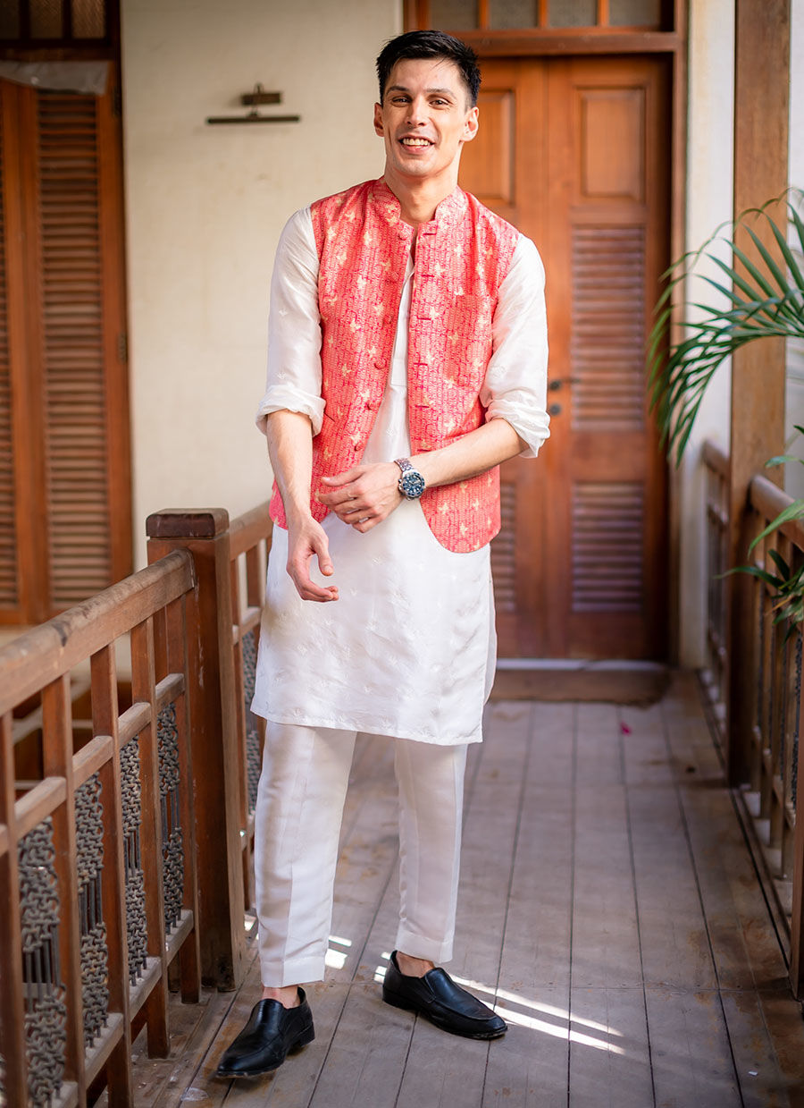 Coral Embroidered Raw Silk Waistcoat Kurta (3-Piece) - Image 1