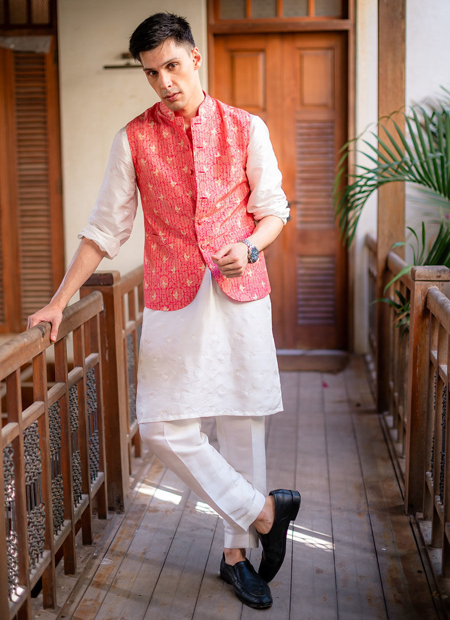 Coral Embroidered Raw Silk Waistcoat Kurta (3-Piece) - Image 2