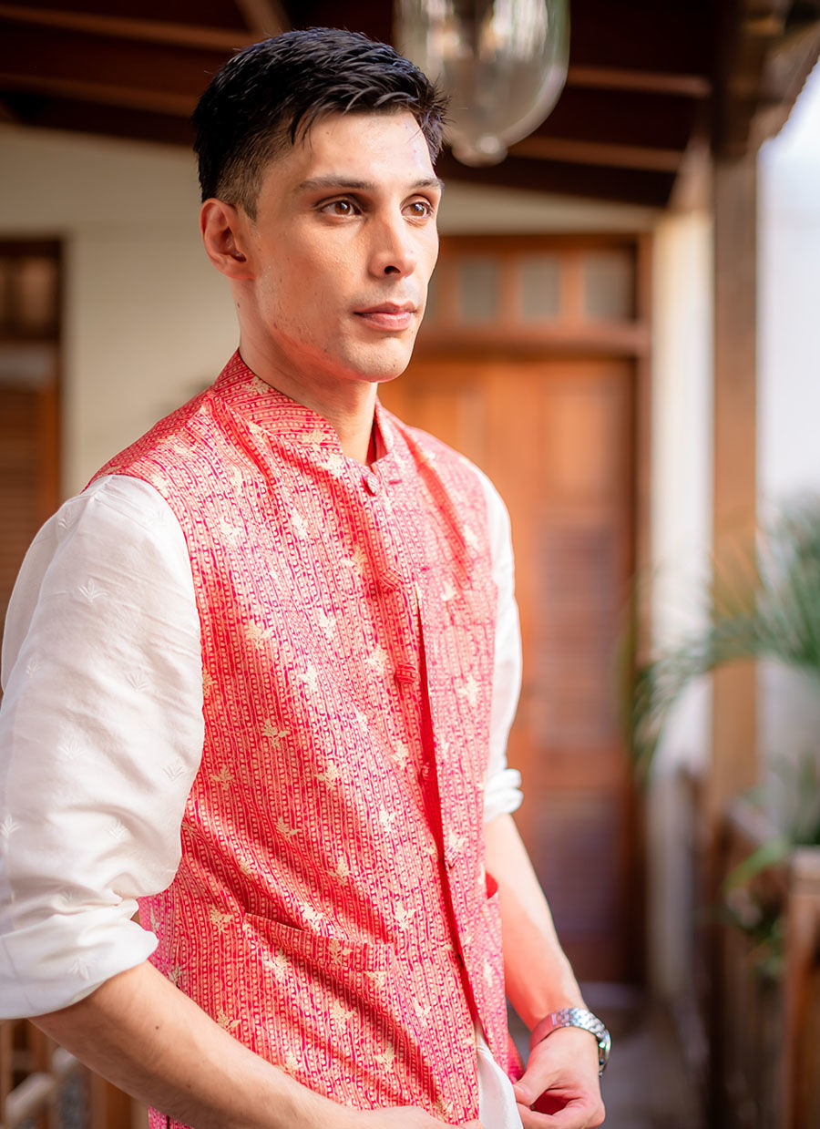 Coral Embroidered Raw Silk Waistcoat Kurta (3-Piece) - Image 3