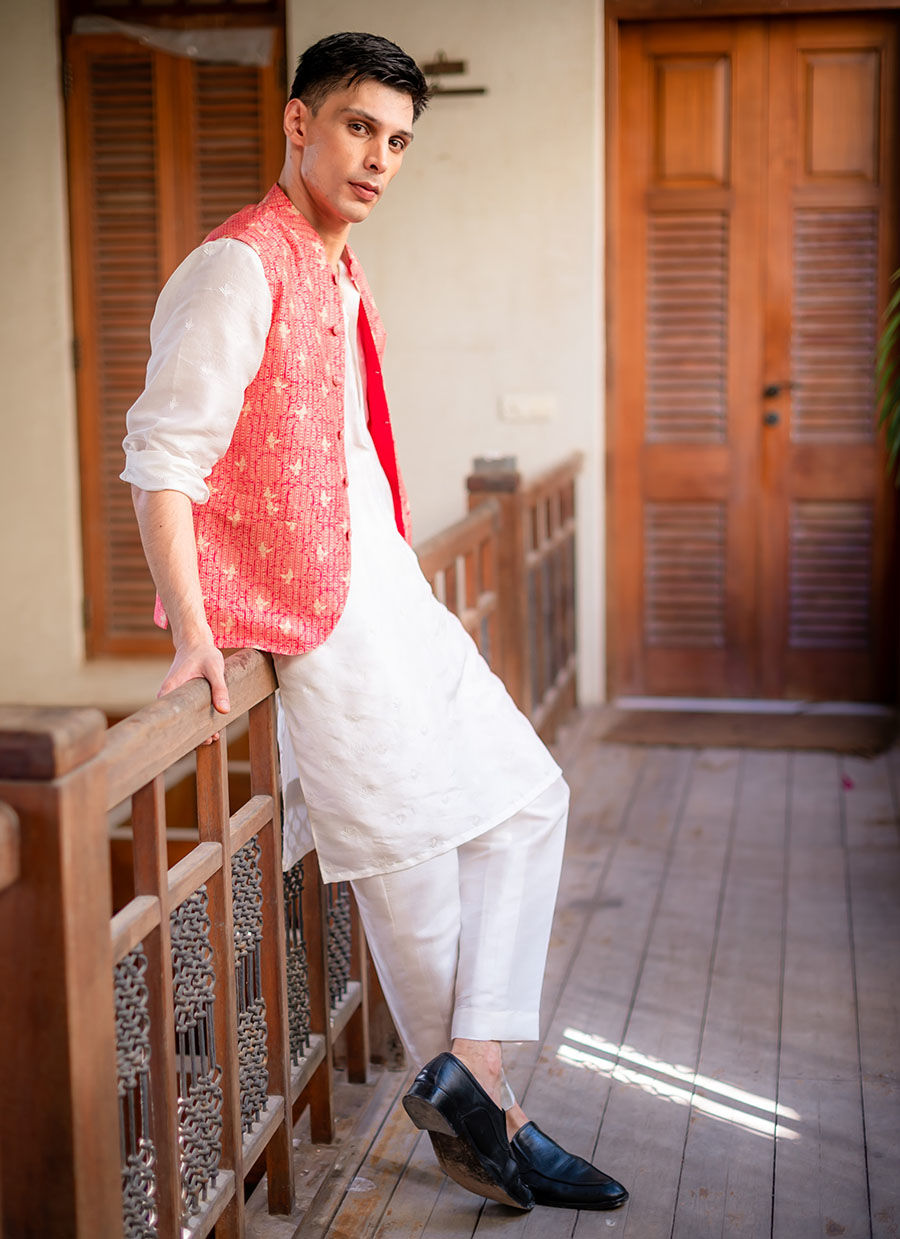 Coral Embroidered Raw Silk Waistcoat Kurta (3-Piece) - Image 4