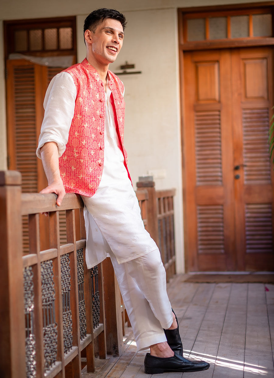 Coral Embroidered Raw Silk Waistcoat Kurta (3-Piece) - Image 5