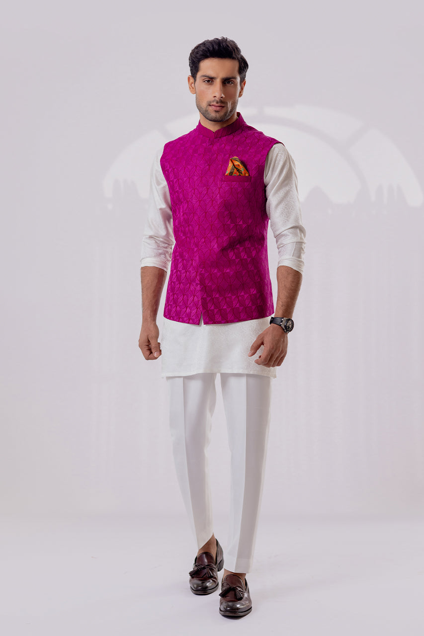 Fuchsia Embroidered Raw Silk Waistcoat Kurta (3-Piece) - Image 1