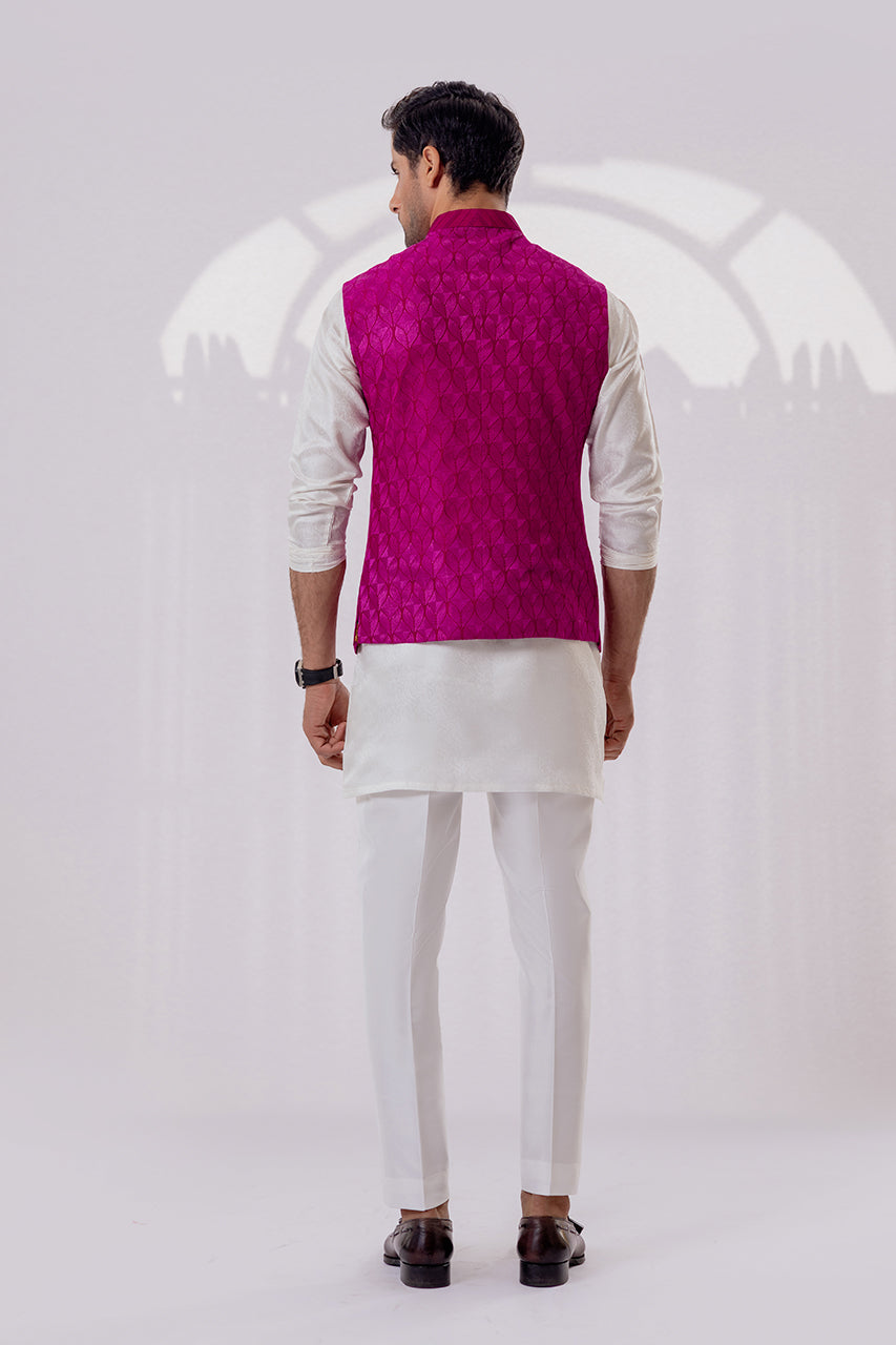Fuchsia Embroidered Raw Silk Waistcoat Kurta (3-Piece) - Image 2