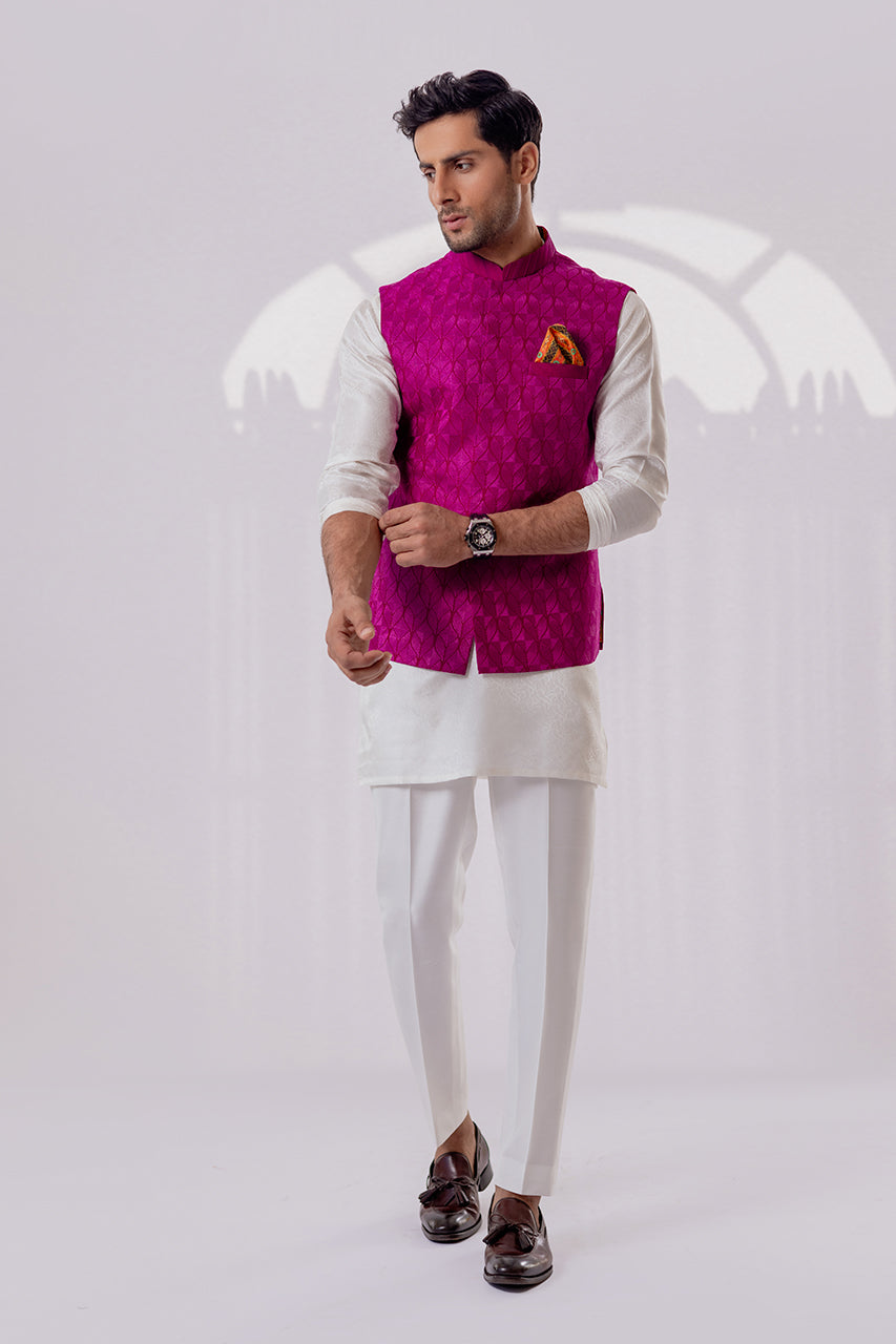 Fuchsia Embroidered Raw Silk Waistcoat Kurta (3-Piece) - Image 3