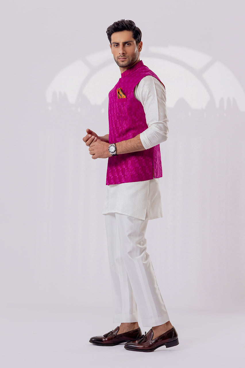 Fuchsia Embroidered Raw Silk Waistcoat Kurta (3-Piece) - Image 4