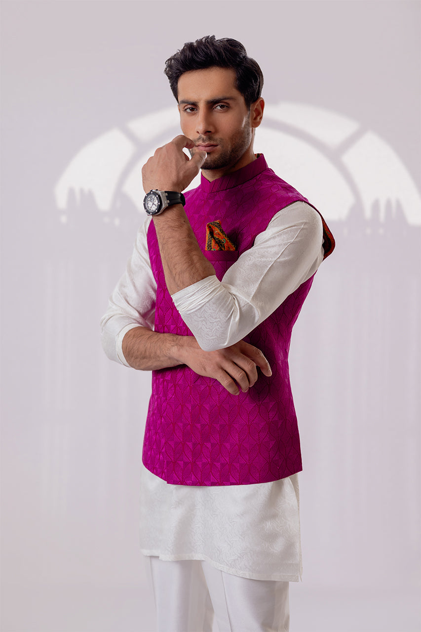 Fuchsia Embroidered Raw Silk Waistcoat Kurta (3-Piece) - Image 5